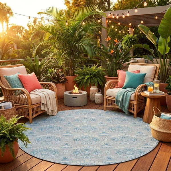 8 Foot Round Floral Polyester Area Rug for Indoor Outdoor Stain Resistant Decor
