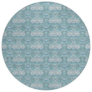 HomeRoots 8 Ft Round Floral Polyester Area Rug Washable Indoor Outdoor Teal Patio Porch 736428