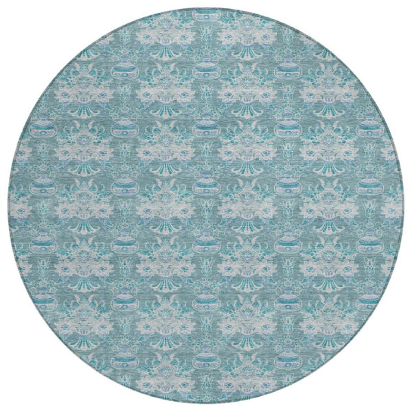 HomeRoots 8 Ft Round Floral Polyester Area Rug Washable Indoor Outdoor Teal Patio Porch 736428