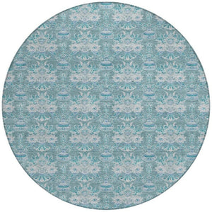 8 Ft Round Floral Polyester Area Rug Washable Indoor Outdoor Teal Patio Porch