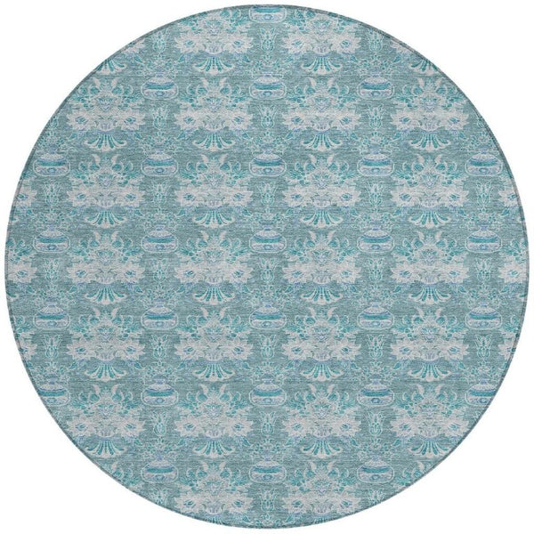 8 Ft Round Floral Polyester Area Rug Washable Indoor Outdoor Teal Patio Porch