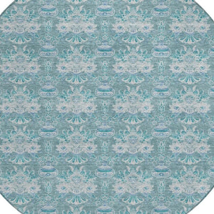 8 Ft Round Floral Polyester Area Rug Washable Indoor Outdoor Teal Patio Porch