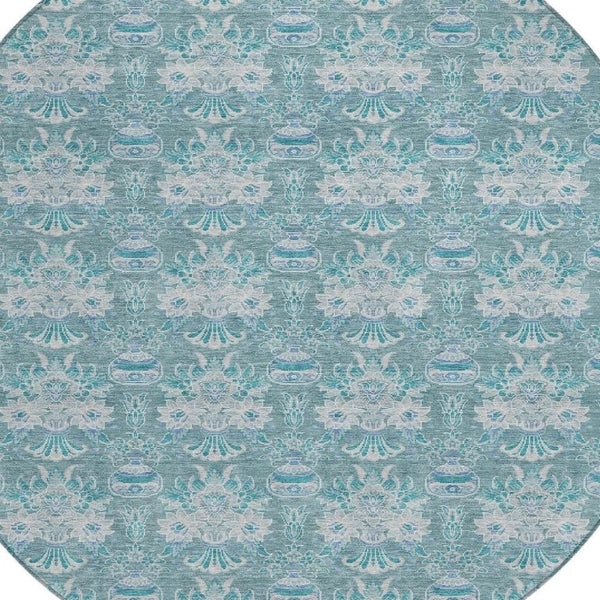 8 Ft Round Floral Polyester Area Rug Washable Indoor Outdoor Teal Patio Porch