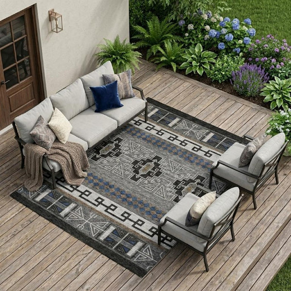 10 X 14 Tribal Pattern Polyester Area Rug Stain Resistant Indoor Outdoor Use