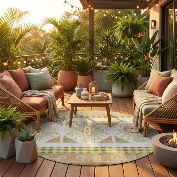 8 Ft Round Tribal Geometric Rug Washable Polyester for Indoor Outdoor Spaces