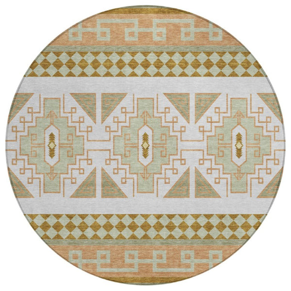 HomeRoots 8 Ft Round Tribal Geometric Rug Washable Polyester for Indoor Outdoor Spaces 736446