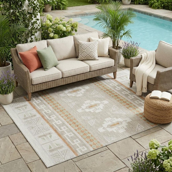 5 X 8 Ivory Green Tribal Polyester Area Rug Washable Stain Resistant Indoor Outdoor