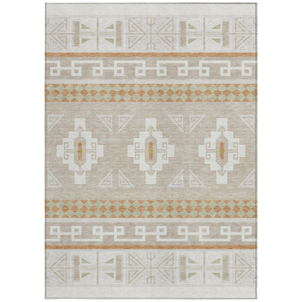5 X 8 Ivory Green Tribal Polyester Area Rug Washable Stain Resistant Indoor Outdoor