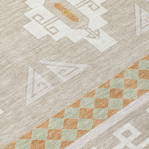 5 X 8 Ivory Green Tribal Polyester Area Rug Washable Stain Resistant Indoor Outdoor