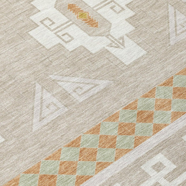 5 X 8 Ivory Green Tribal Polyester Area Rug Washable Stain Resistant Indoor Outdoor