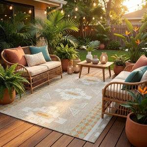 8 Foot Round Tribal Geometric Polyester Rug Stain Resistant Indoor Outdoor Ivory