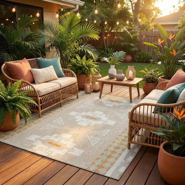 8 Foot Round Tribal Geometric Polyester Rug Stain Resistant Indoor Outdoor Ivory