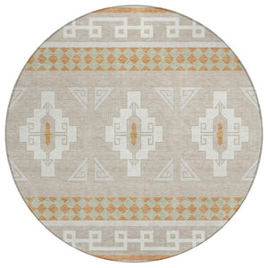 HomeRoots 8 Foot Round Tribal Geometric Polyester Rug Stain Resistant Indoor Outdoor Ivory 736458