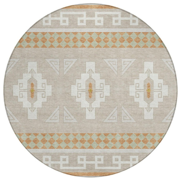 HomeRoots 8 Foot Round Tribal Geometric Polyester Rug Stain Resistant Indoor Outdoor Ivory 736458