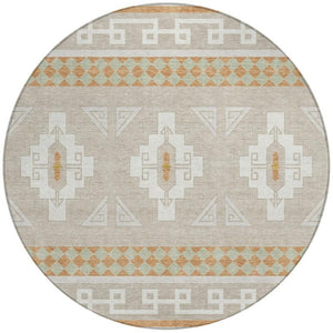 8 Foot Round Tribal Geometric Polyester Rug Stain Resistant Indoor Outdoor Ivory