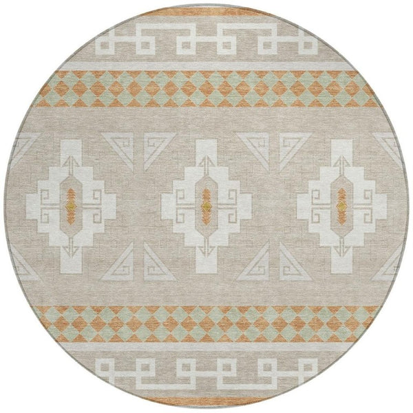 8 Foot Round Tribal Geometric Polyester Rug Stain Resistant Indoor Outdoor Ivory