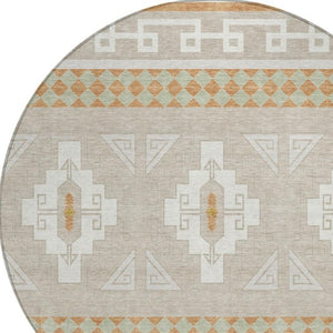 8 Foot Round Tribal Geometric Polyester Rug Stain Resistant Indoor Outdoor Ivory