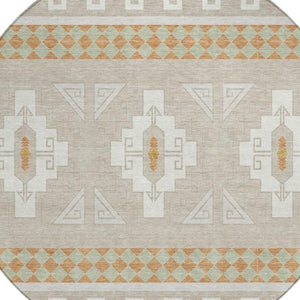 8 Foot Round Tribal Geometric Polyester Rug Stain Resistant Indoor Outdoor Ivory