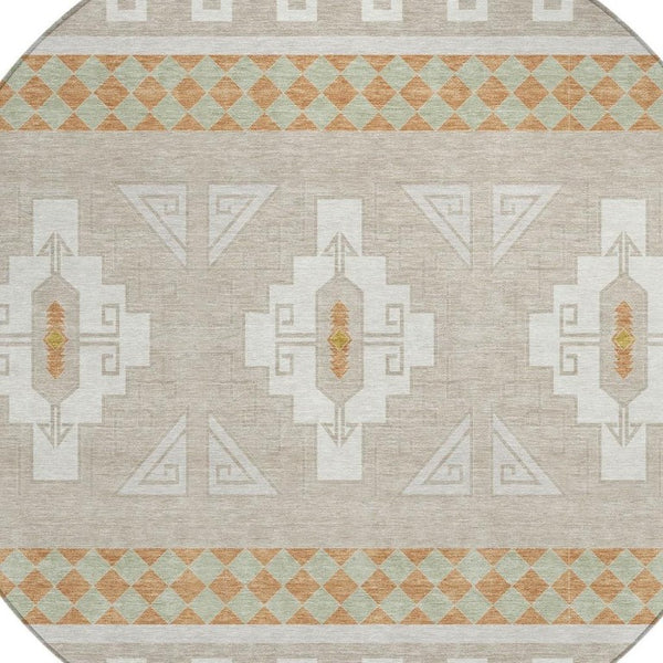 8 Foot Round Tribal Geometric Polyester Rug Stain Resistant Indoor Outdoor Ivory