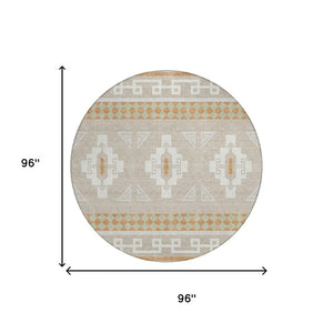 8 Foot Round Tribal Geometric Polyester Rug Stain Resistant Indoor Outdoor Ivory