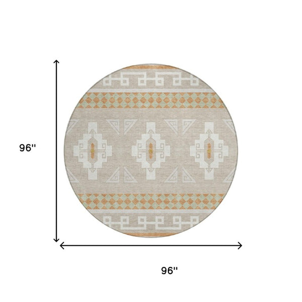 8 Foot Round Tribal Geometric Polyester Rug Stain Resistant Indoor Outdoor Ivory