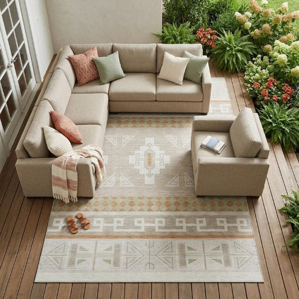 8 Ft X 10 Ft Ivory Green Tribal Polyester Rug Stain Resistant Indoor Outdoor