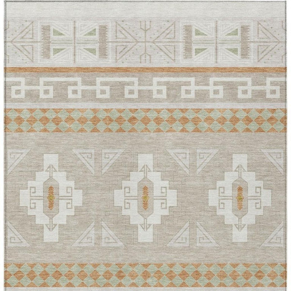 8 Ft X 10 Ft Ivory Green Tribal Polyester Rug Stain Resistant Indoor Outdoor