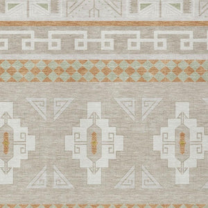 8 Ft X 10 Ft Ivory Green Tribal Polyester Rug Stain Resistant Indoor Outdoor