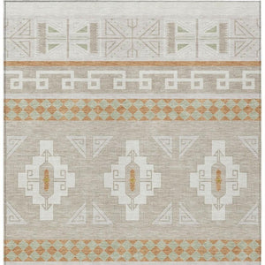 8 Ft X 10 Ft Ivory Green Tribal Polyester Rug Stain Resistant Indoor Outdoor