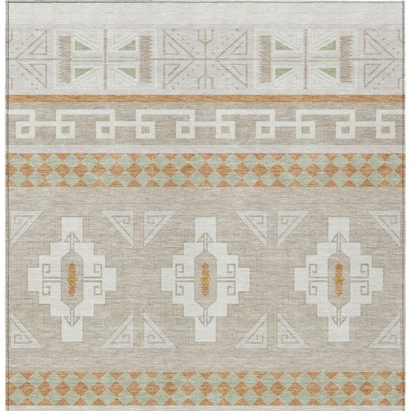 8 Ft X 10 Ft Ivory Green Tribal Polyester Rug Stain Resistant Indoor Outdoor