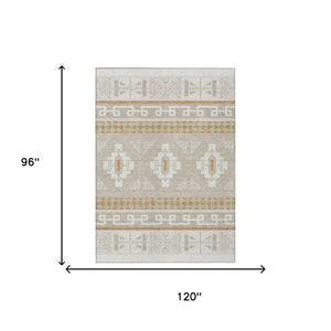8 Ft X 10 Ft Ivory Green Tribal Polyester Rug Stain Resistant Indoor Outdoor