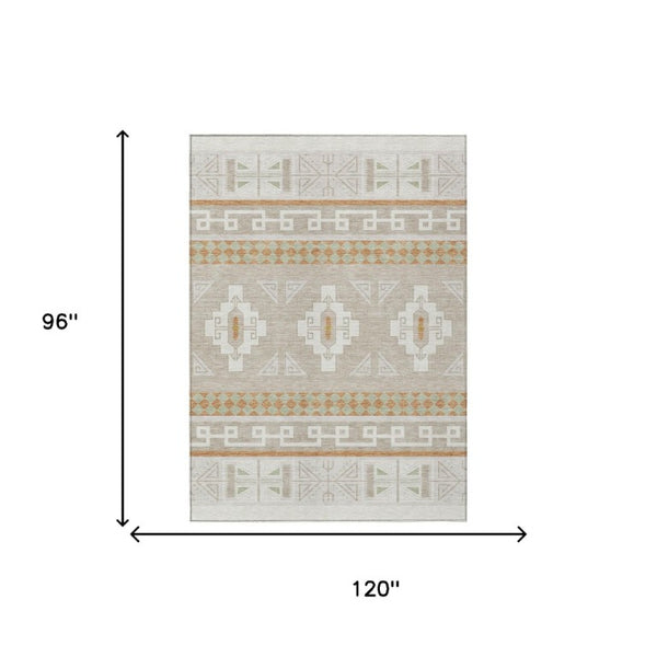 8 Ft X 10 Ft Ivory Green Tribal Polyester Rug Stain Resistant Indoor Outdoor