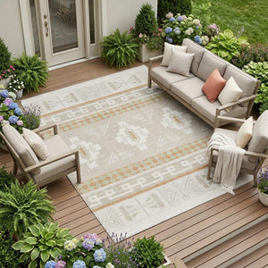 9x12 Ivory Green Tribal Polyester Area Rug Washable Stain Resistant Indoor Outdoor
