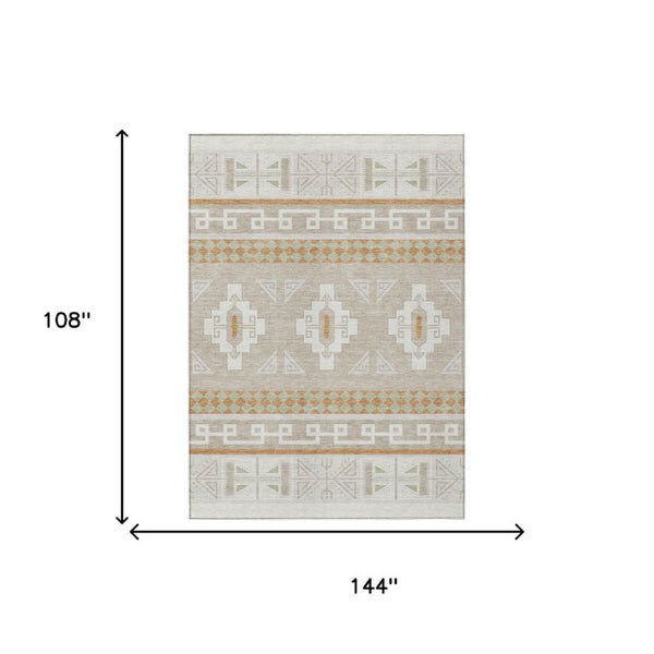 9x12 Ivory Green Tribal Polyester Area Rug Washable Stain Resistant Indoor Outdoor