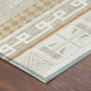 10 X 14 Ivory Green Tribal Polyester Area Rug Washable for Indoor Outdoor Use
