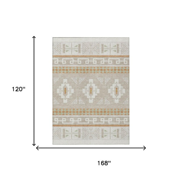 10 X 14 Ivory Green Tribal Polyester Area Rug Washable for Indoor Outdoor Use