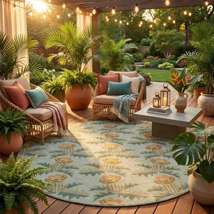 8 Ft Round Floral Polyester Area Rug Washable for Patio Porch Kitchen or Family Room