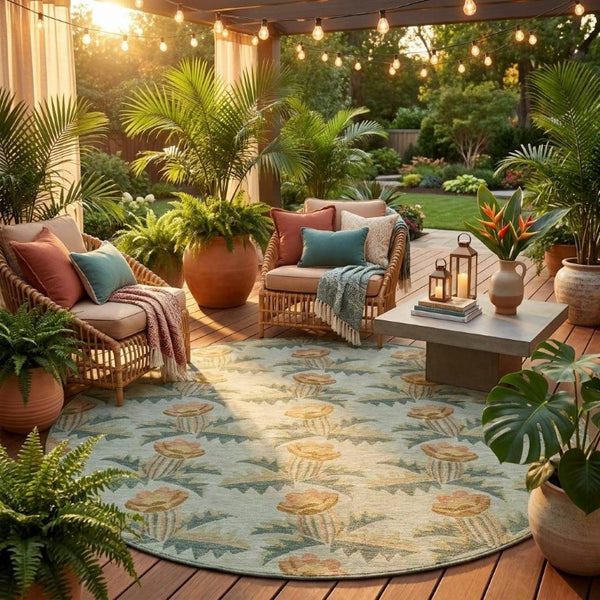 8 Ft Round Floral Polyester Area Rug Washable for Patio Porch Kitchen or Family Room