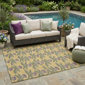 5x8 Gold Khaki Floral Polyester Area Rug Washable Stain Resistant Indoor Outdoor
