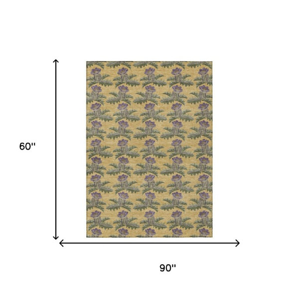 5x8 Gold Khaki Floral Polyester Area Rug Washable Stain Resistant Indoor Outdoor