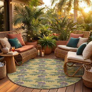 8 Foot Round Floral Polyester Area Rug Washable Stain Resistant Indoor Outdoor Gold Khaki