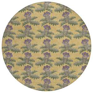 HomeRoots 8 Foot Round Floral Polyester Area Rug Washable Stain Resistant Indoor Outdoor Gold Khaki 736488