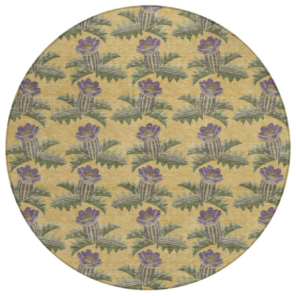 HomeRoots 8 Foot Round Floral Polyester Area Rug Washable Stain Resistant Indoor Outdoor Gold Khaki 736488
