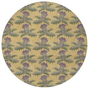 8 Foot Round Floral Polyester Area Rug Washable Stain Resistant Indoor Outdoor Gold Khaki