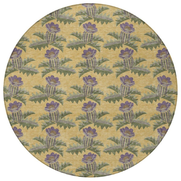8 Foot Round Floral Polyester Area Rug Washable Stain Resistant Indoor Outdoor Gold Khaki