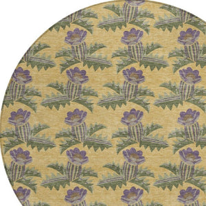 8 Foot Round Floral Polyester Area Rug Washable Stain Resistant Indoor Outdoor Gold Khaki