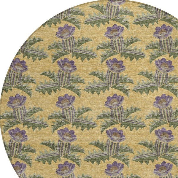 8 Foot Round Floral Polyester Area Rug Washable Stain Resistant Indoor Outdoor Gold Khaki