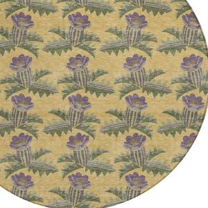 8 Foot Round Floral Polyester Area Rug Washable Stain Resistant Indoor Outdoor Gold Khaki