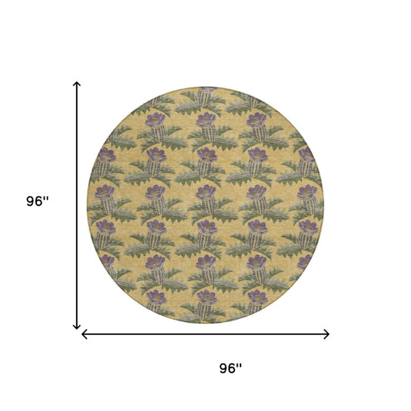 8 Foot Round Floral Polyester Area Rug Washable Stain Resistant Indoor Outdoor Gold Khaki