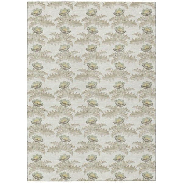 HomeRoots 5x8 Ivory Brown Floral Polyester Area Rug Stain Resistant for Indoor Outdoor Use 736493